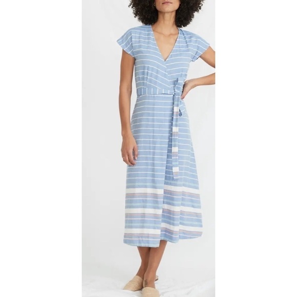 Marine Layer Maddie Wrap Dress Blue White Stripe Midi Cotton Sz XS NWOT $125. - Picture 1 of 9
